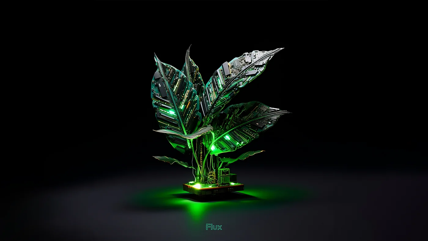 Digital artwork of a stylized metallic palm-like tree glowing with neon green lights. The tree has broad, fan-shaped fronds with intricate PCB and advanced connectors for circuit trace patterns etched into their surface, suggesting a fusion of natural and technological elements. It stands against a stark black background that accentuates its luminous green light emanating from the base, creating a striking contrast and highlighting the futuristic design of the tree.